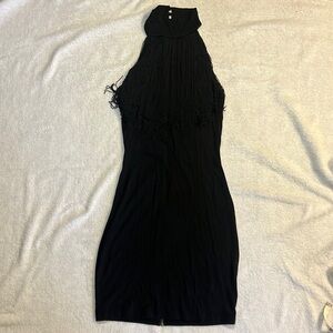 Guess fringe front high neck halter ruched zipper back bodycon mini dress